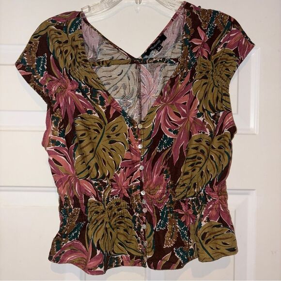 Madewell Shirred Cap-Sleeve Top in Brushstroke Monstera - Picture 2 of 6